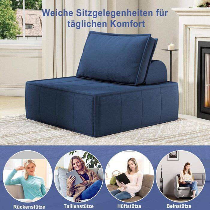 Сучасне крісло для відпочинку, Диван, 1-місний тканинний диван з регульованою спинкою, одномісний диван, крісло-реклайнер, крісло для відпочинку та коктейлю, диван-кушетка для вітальні, спальні, кімнати для гостей, синій (1-місний)