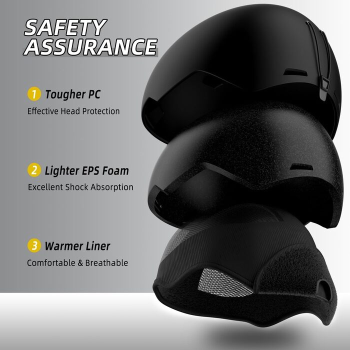 Лижний шолом, шолом для сноуборду для чоловіків, жінок та молоді, регульований шолом з системою вентиляції, знімні амбушури, легкий та ударостійкий для зимових видів спорту, розмір M, чорний