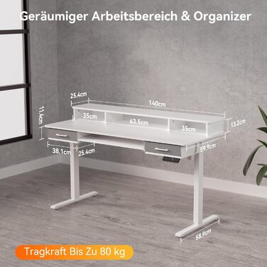 Електричний стіл з регульованою висотою та підставкою для клавіатури, 140x60 см, з 2 шухлядами, комп&39ютерний стіл з підставкою для монітора для домашнього офісу, білий, 140 x 60 см з підставкою для клавіатури