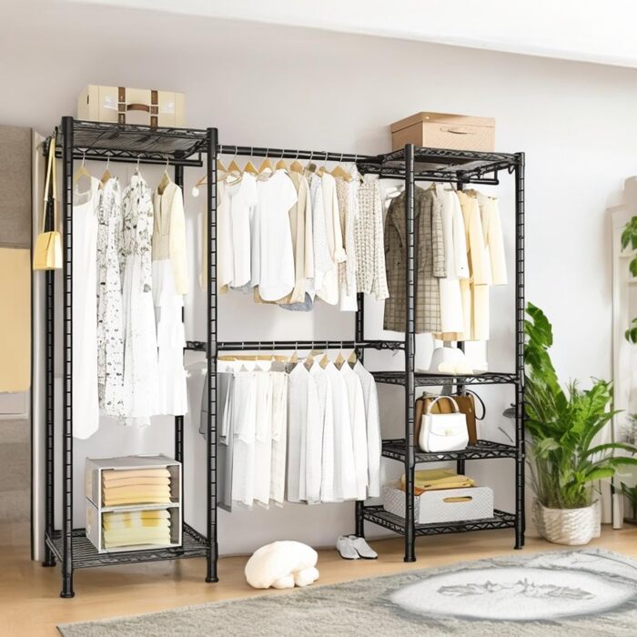 Телескопічна вішалка для одягу Himimi з 4 шт. ангами для одягу та 6 полицями з регульованою висотою, 1 гачок, телескопічна система полиць, Ш (175-230) x В 180 см, адаптується до кімнат різних розмірів, чорна, 175-230 x 35 x 180 см, чорний