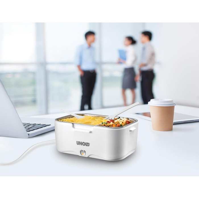 Електричний ланчбокс UNOLD 58850 - білий, 1,5 літра, пластик, для розігріву їжі в дорозі або в офісі, можна мити в посудомийній машині, знімний контейнер з нержавіючої сталі