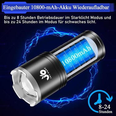 Акумуляторний світлодіодний ліхтарик JAY-PARK, 500 000 люменів з акумулятором 10800 мАг та РК-індикатором рівня заряду, надзвичайно яскравий, 5 режимів освітлення, масштабування, потужний, водонепроникний ліхтарик IPX7 для кемпінгу, походів, матово-чорний