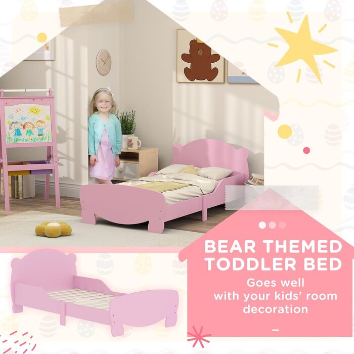 Дитяче ліжко AIYAPLAY Монтессорі для дітей 3-6 років, 140x70 см, односпальне ліжко з бортиками, що запобігають падінню, та дерев&39яною рейковою основою у формі ведмедика для дитячої кімнати, рожеве