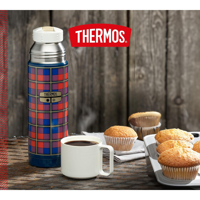 Пляшка для напоїв THERMOS REVIVAL 0,50 л, ретро-синій колір, термос з нержавіючої сталі, червона ізольована пляшка з чашкою для пиття, зберігає напої гарячими 18 годин / холодними 24 години, можна мити в посудомийній машині, герметична, без BPA, синій кол