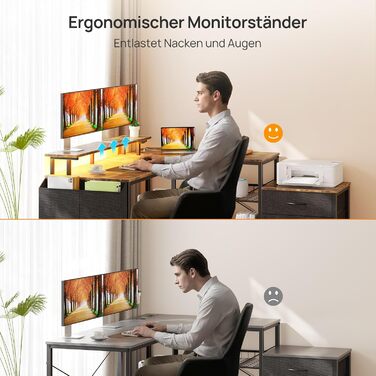 Г-подібний стіл на сім столів з полицями для зберігання, ігровий стіл зі світлодіодним освітленням та розетками, комп&39ютерний стіл з підставкою для монітора для домашнього офісу, спальні, вітальні, вінтажний коричневий