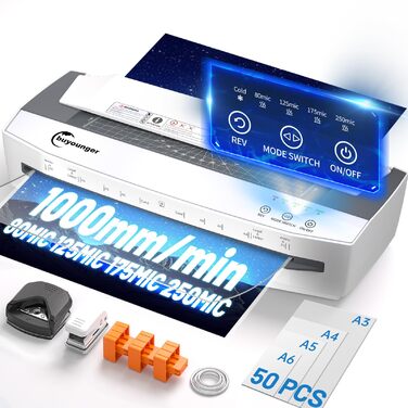 Ламінатор A3, високошвидкісний ламінатор 1000 мм/хв на 50 аркушів, комплект для ламінування з функцією реверсу, різак для паперу, закруглювач кутів, дирокол та кільце для палітурки для офісу, школи та дому, білий та сірий