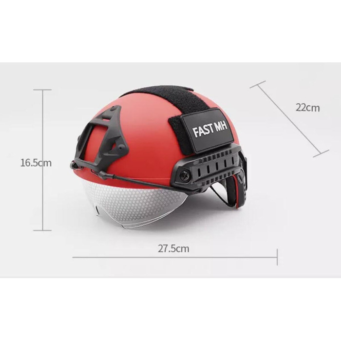 Тактичний рятувальний шолом червоного кольору із захисними окулярами та системою MOLLE, може використовуватися із сигнальними ліхтарями, прожекторами та високопродуктивними ліхтарями в тактичних іграх або рятувальних операціях.