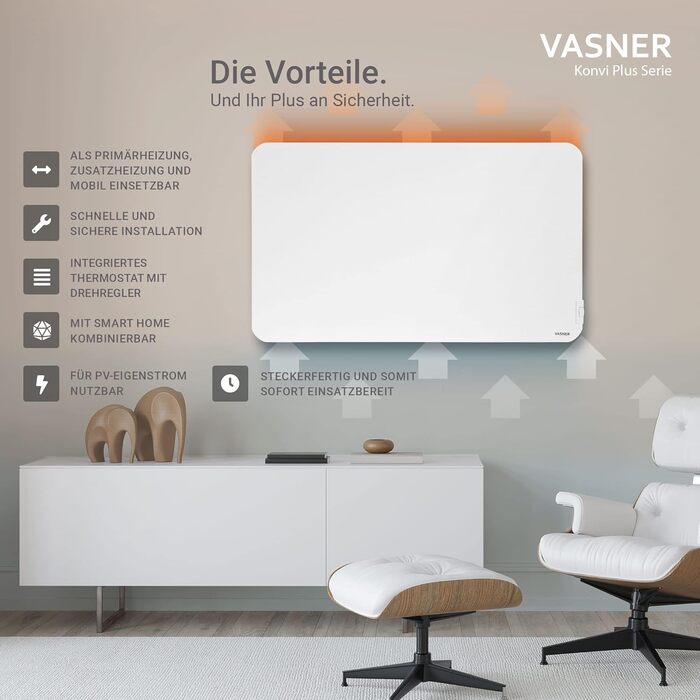 Інфрачервоний гібридний обігрівач VASNER Konvi Plus Електричний обігрівач з термостатом, 600-1200 Вт, гібридний інфрачервоний обігрівач, білий колір із закругленими кутами, настінний, 3-річна гарантія, німецька карбонова технологія (900 Вт)