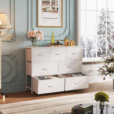 Комод WLIVE з 7 шухлядами з тканини, комод для спальні, комод для вітальні, з міцним сталевим каркасом, білий