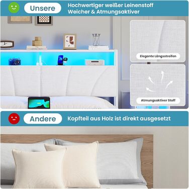 Ліжко 180x200 з металевою рейковою основою, двоспальне ліжко 180x200 см зі світлодіодним підсвічуванням, каркас ліжка 180x200 см з узголів&39ям та зарядною станцією (2 розетки змінного струму, 2 USB-порти) Сучасне, Білий Білий 180x200см