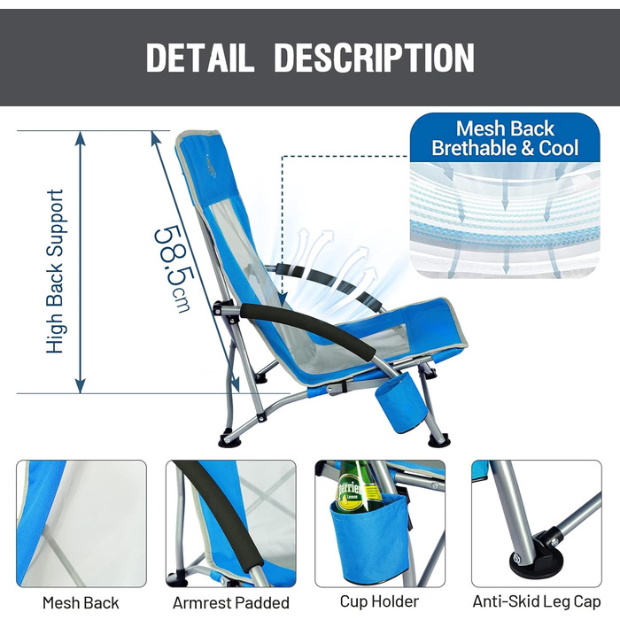 Пляжний стілець TIMBER RIDGE, складний, легкий кемпінговий стілець з низькими ніжками, спинка з дихаючої сітки, синій, вантажопідйомність 150 кг, 2 шт. синього кольору