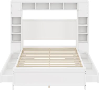 Настінне ліжко 140x200, настінне ліжко з рейковою основою, ліжко-мерфі з 4 шухлядами та великою шафою для зберігання, ліжко з масиву дерева, двоспальне ліжко, каркас ліжка (білий) A-white