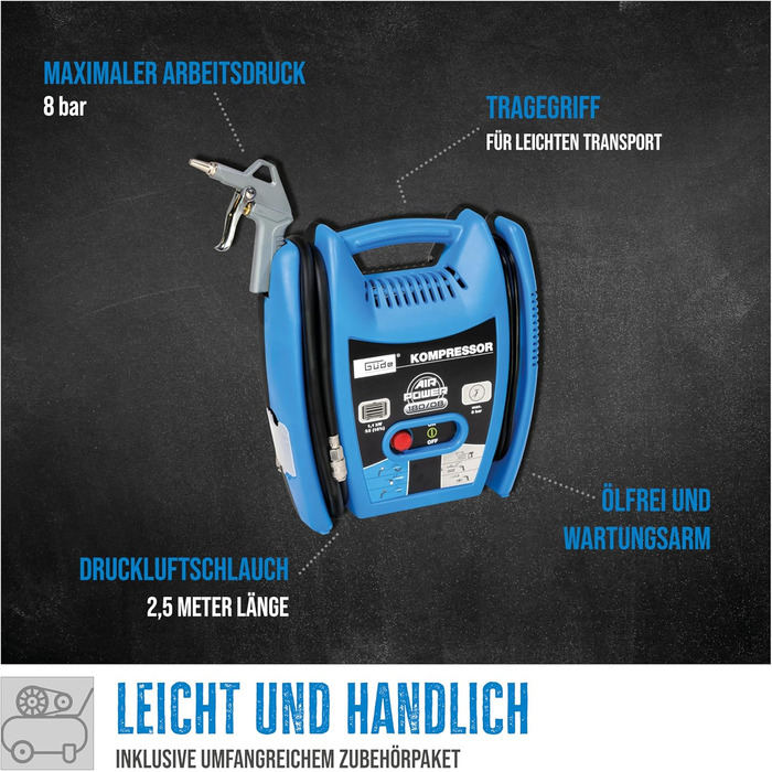 Компресор Gde Airpower 180/08 (безмасляний, малообслуговуваний, ремінний привід, 8 бар, 1100 Вт, ефективна продуктивність 140 л/хв