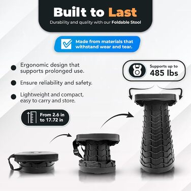 Портативний телескопічний стілець з подушкою та сумкою для перенесення складаний стілець, регульована висота 645 см, стійкий до 200 кг, квадратний телескопічний стілець для кемпінгу, саду, риболовлі та подорожей