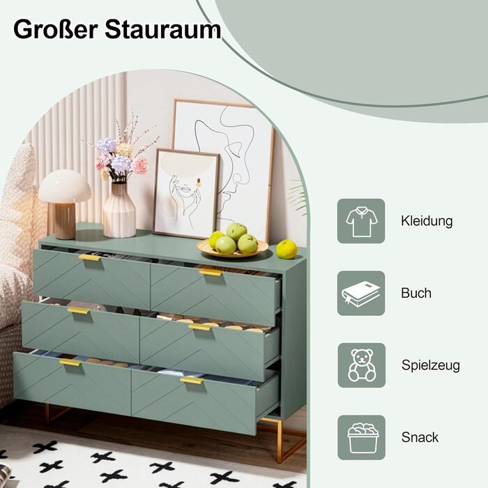 Комод UEV з 6 шухлядами, дерев&39яна шафа з механізмом проти перекидання та металевими ніжками, висока тумба/сервант, вузька комод/бічна шафа для вітальні, спальні, коридору, 100x34x73,5 см, зелений, 34 Г x 100 Ш x 73,5 В см (6 шухляд)