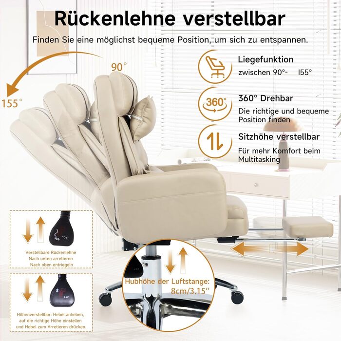 Поворотне ігрове крісло з підставкою для ніг - Функція відкидання 155 Крісло керівника - Ергономічне офісне крісло 150 кг - Технологічне шкіряне комп&39ютерне крісло Крісло для столу (БЕЖЕВИЙ)