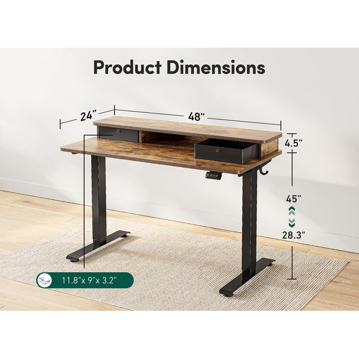 Електричний стіл FEZIBO з регульованою висотою та подвійною шухлядою, 120 x 60 см, офісний стіл з відділенням для зберігання, комп&39ютерна робоча станція з функцією сидячи/стоячи, коричневий, 120 60 см, коричневий