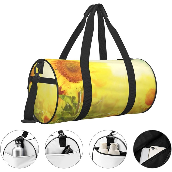 Спортивна сумка для подорожей, сумка-баул з квітковим принтом соняшників, чорна, універсальний розмір