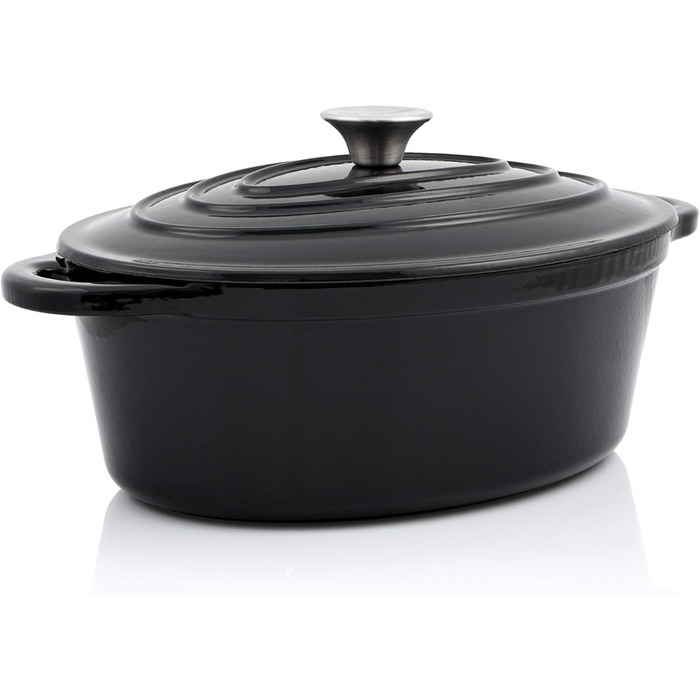 Чавунна кокотниця BBQ-Toro 4,3 л чорна, овальна емальована чавунна сковорідка з кришкою чавунна каструля, підходить для індукційни