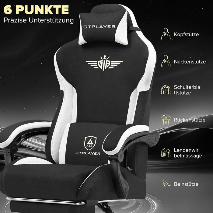 Ігрове крісло GTPLAYER, ергономічне тканинне ігрове крісло з поперековою опорою, комп&39ютерне крісло з розширеною спинкою, вантажопідйомність до 150 кг, чорна тканина