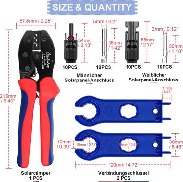 Набір інструментів для сонячного обтиску для фотоелектричних кабелів 2,5/4/6 мм, 10 пар кабельних з'єднувачів, 10 пар роз'ємів штекер/гніздо, обтискні кліщі, 2 гайкові ключі для сонячних роз'ємів Кабельний роз'єм