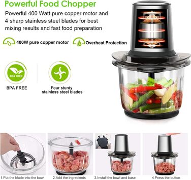 Електричний подрібнювач Multi-Chopper універсальний з чашею з нержавіючої сталі 1,5 л, 2 рівні швидкості Функція гальмування для м'яса, фруктів, овочів та дитячого харчування, срібло