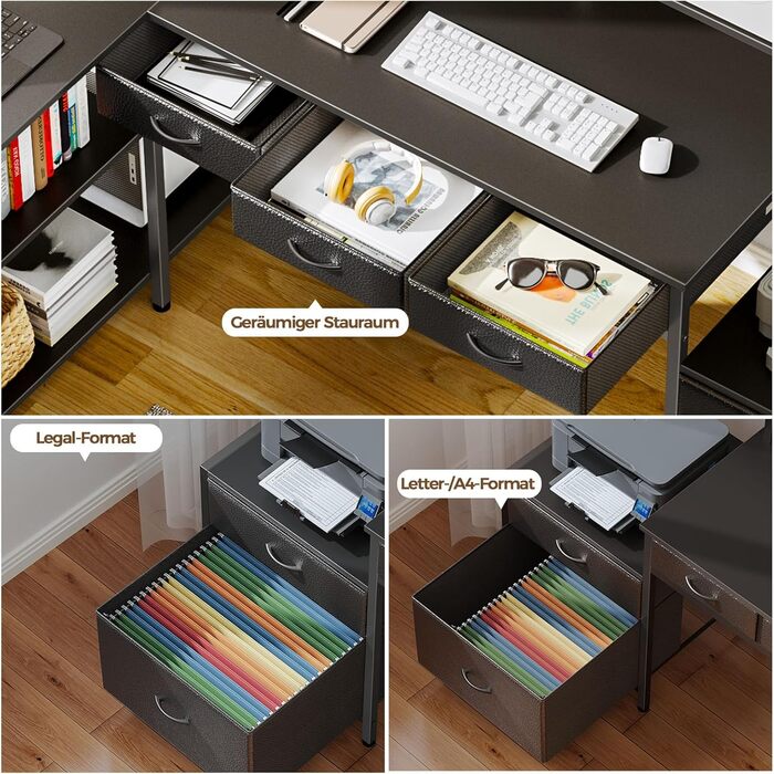 Г-подібний письмовий стіл на сім столів, комп&39ютерний стіл з розеткою, підставкою для світлодіодного освітлення та монітора, кутовий стіл з висувними шухлядами, ідеально підходить для спальні, офісу, вітальні, чорний