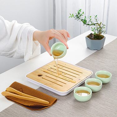 Набір для чаювання Кунг-фу, керамічний чайник з 4 чашками, скарбничка для чаю та піднос, ідеальний подарунок для розсипного чаю, зеленого чаю, та подорожей