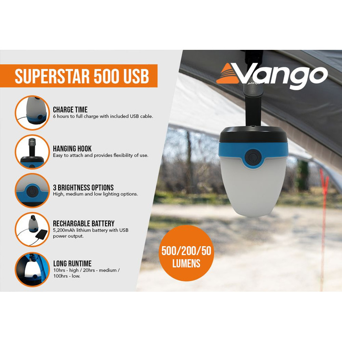 Ліхтар кемпінговий Vango Superstar 500 Recharge USB River Blue (ACSLANTRN3KSW69)