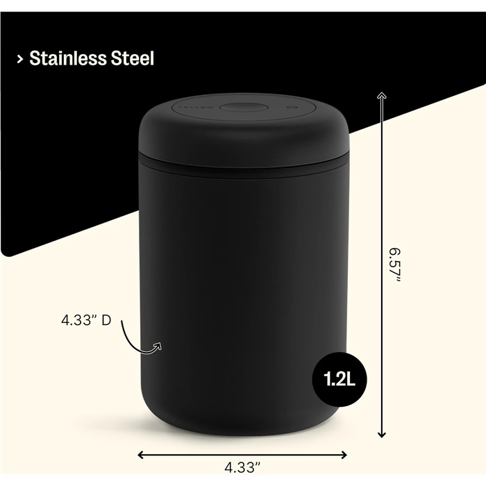 Вакуумний контейнер Fellow для зберігання кави та продуктів, вбудований вакуумний насос, герметичне ущільнення, 1,2 літра, матово-чорний.