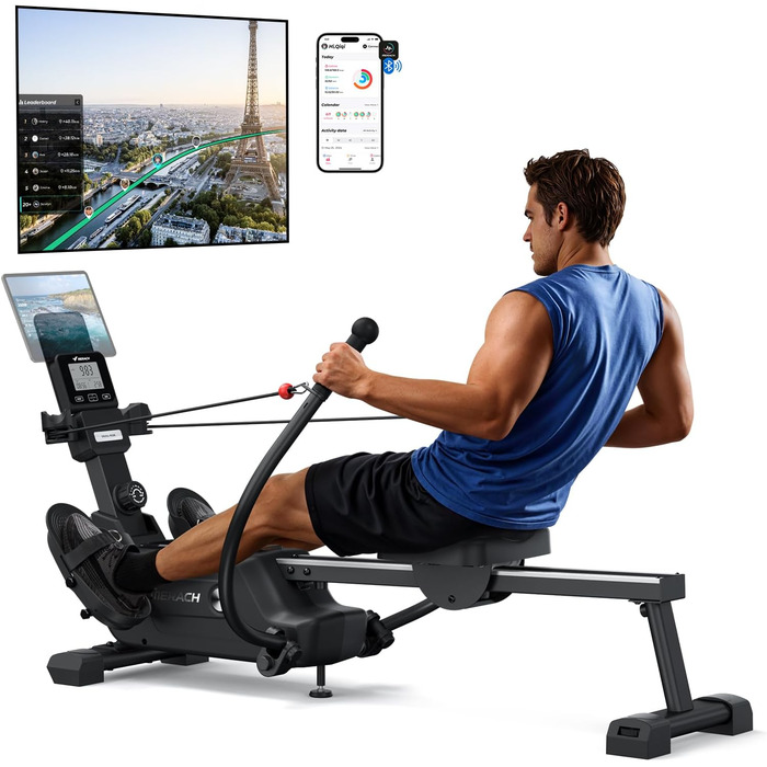 Гребний тренажер MERACH для домашнього використання, інноваційне подвійне весло з кількома режимами тренувань, тренування всього тіла з додатком MERACH, понад 1000 чемпіонських трас, імітує справжнє веслування