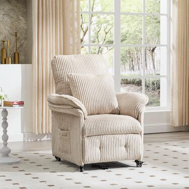 Моторне електричне крісло-реклайнер, крісло для телевізора з функцією відкидання, крісло для телевізора у вітальні з колесами, регульована спинка та підставка для ніг, 2 бічні кишені, вельветовий диван, бежевий, 2-