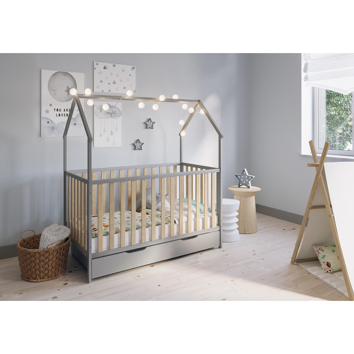 Дитяче ліжко-будиночок FabiMax з малюнком сони, біле лаковане, 140x70 см, виготовлене з масиву сосни (надувний матрац, з шухлядою)