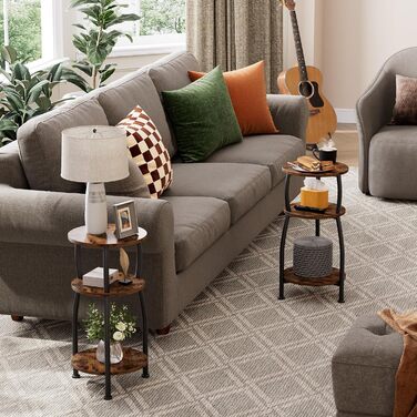 Круглий журнальний столик, маленький круглий столик з 3 ярусами, маленький журнальний столик з місцем для зберігання, тумбочка біля ліжка, журнальний столик, журнальний столик для вітальні, спальні, металевий, сучасний (коричневий) Коричневий Чорний