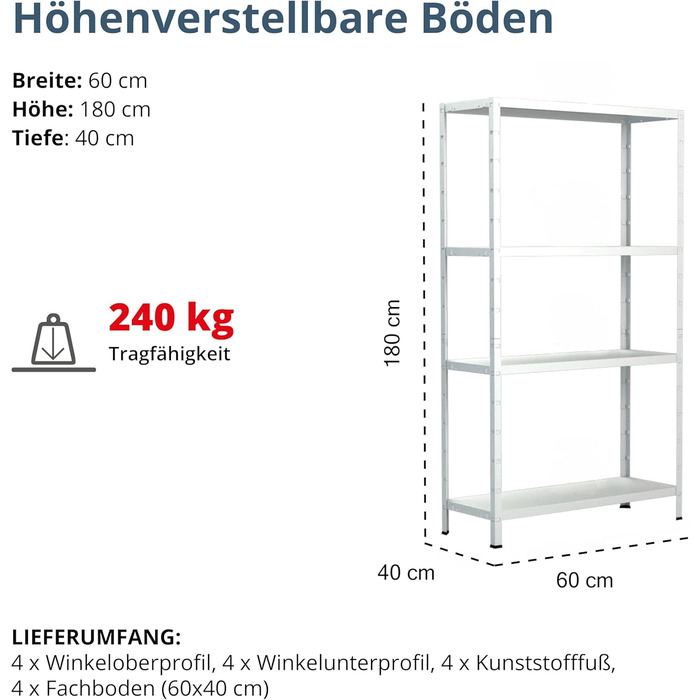 Стелаж SCHULTE з 4 полицями PowerMAX, вантажопідйомність 60 кг, 180x60x40 см (ВxШxГ), білий, полиця для зберігання, полиця для майстерні, полиця для підвалу, полиця для гаража, металева полиця, білий 180x60x40 см