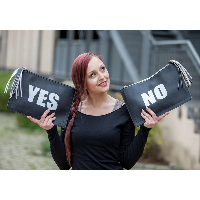 Клатч styleBREAKER з принтами ТАК та НІ, китицею на блискавці, ручкою для носіння на руці та знімним ремінцем, жіночий 02012078, колір Білий/Темно-синій