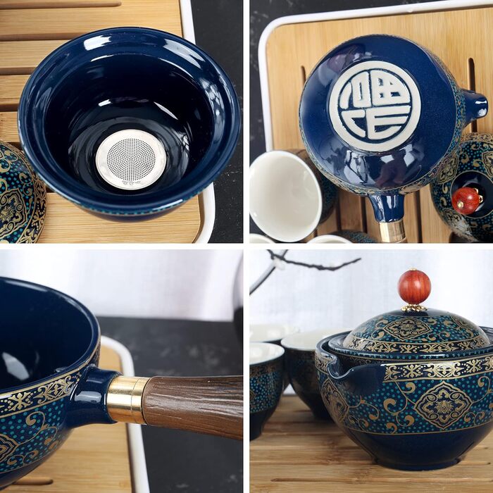 Чайний сервіз Fanquare з порцеляни для подорожей, золотий квітковий візерунок, 4 чашки, чайник та бамбуковий піднос, у дорожній сумці, темно-зелений колір