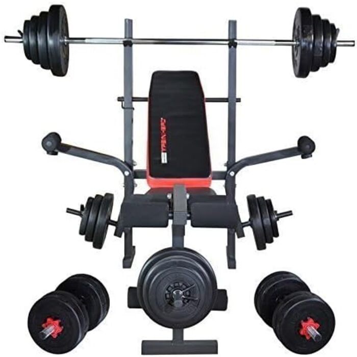 Багатофункціональна складна лава TrainHard з кріпленнями для згинання ніг та &quotметеликом&quot, протестована та сертифікована відповідно до EN957 / додатково комплект штанги, що складається зі штанги та гантелей, лава штанга та гантелі 50 кг