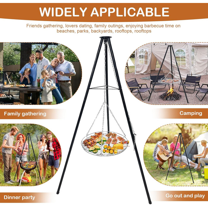 Набір для грилю та приготування на відкритому повітрі штатив-тринога з телескопічною конструкцією, решітка для грилю, гак для підвішування, велика площа для приготування