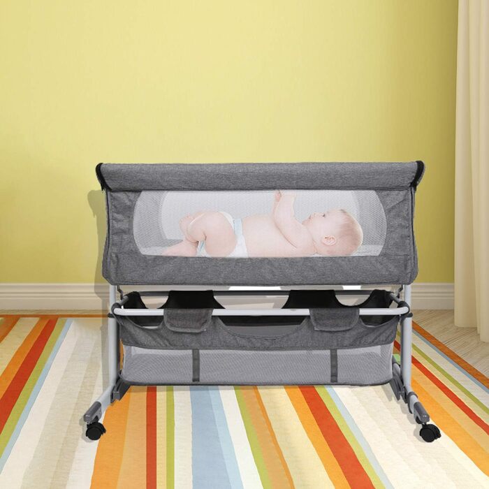 Дитяче ліжечко, регульована колиска, мобільне ліжечко, ліжечко з москітною сіткою та колесами, переносне ліжко для немовлят/новонароджених (92 * 58 * 70-90 см/сіро-білий) 92*58*70-90 см/сіро-білий