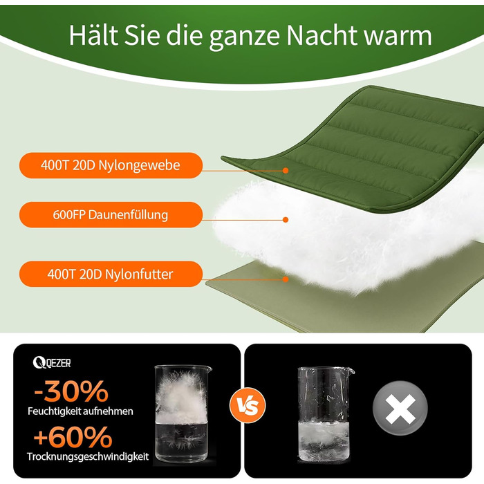 Пуховий спальний мішок, 3-4 сезони, надзвичайно великий спальний мішок 230 см x 100 см, легкий та теплий пуховий спальний мішок, підходить для дорослих для кемпінгу на свіжому повітрі, піших прогулянок та походів, зелений