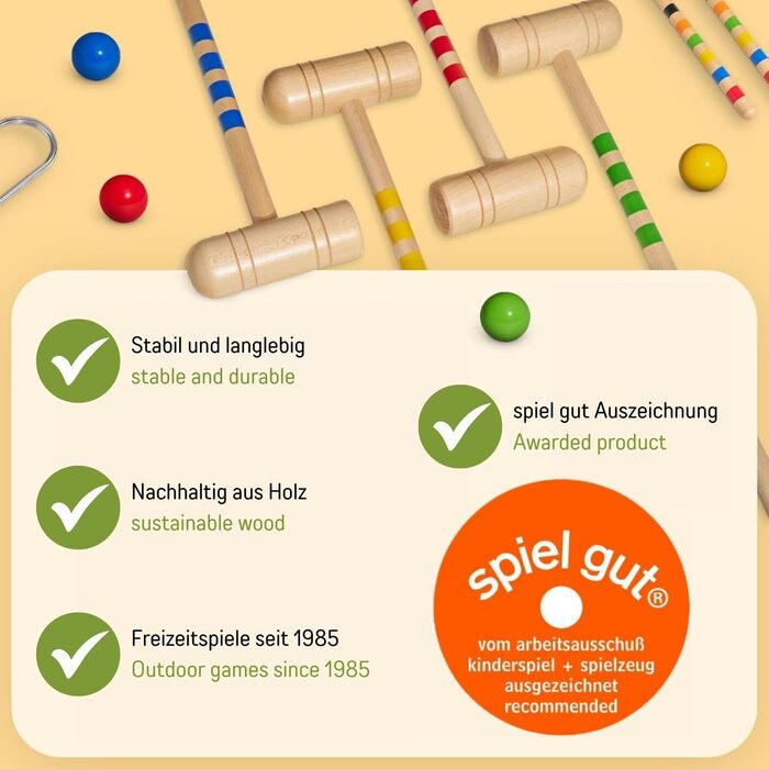 Високоякісний сімейний візок для крокету GICO для 6 гравців, доросла довжина, виготовлений з масиву дерева - зроблено в ЄС-3136