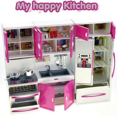 Іграшкові меблі для лялькової кухні, ляльковий будиночок для дітей, реалістичне світло та звуки з робочою варильною поверхнею, духовкою, раковиною, дверцятами холодильника та безліччю аксесуарів, іграшка 40 x 30 см