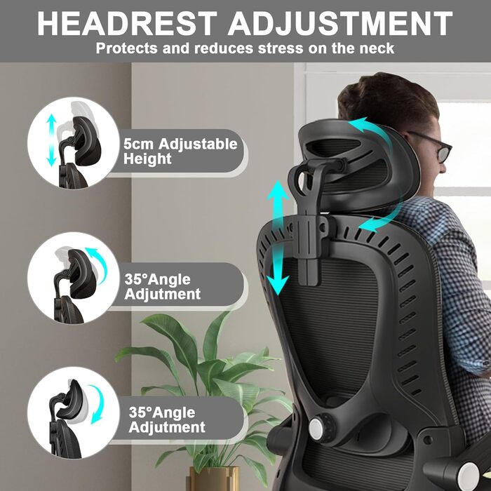 Ергономічне офісне крісло LEVIPE, стілець для роботи з поперековою опорою, підлокітники, регульований підголівник, комп&39ютерне крісло, поворотне, висока спинка, зручне, для домашнього офісу, чорне