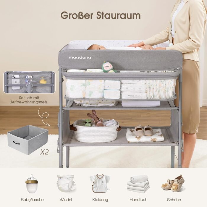 Портативний пеленальний столик Maydolly, багатофункціональний складний пеленальний столик, регульована висота з колесами та 2 кошиками для зберігання, водонепроникна подушка для пеленання, сірий