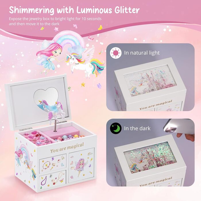 Шкатулка для ювелірних виробів Lolalet для дівчаток, дерев&39яний органайзер для ювелірних виробів з єдинорогом, шкатулка для ювелірних виробів для намиста, сережок, браслета, годинника, помади, кільця - біла