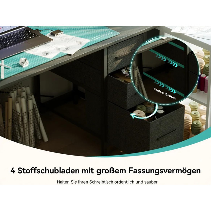Г-подібний письмовий стіл з 3 тканинними шухлядами, 140 x 80 см. Двосторонній кутовий письмовий стіл з підставкою для монітора, розеткою та USB-портом для зарядки для домашнього офісу, чорний.