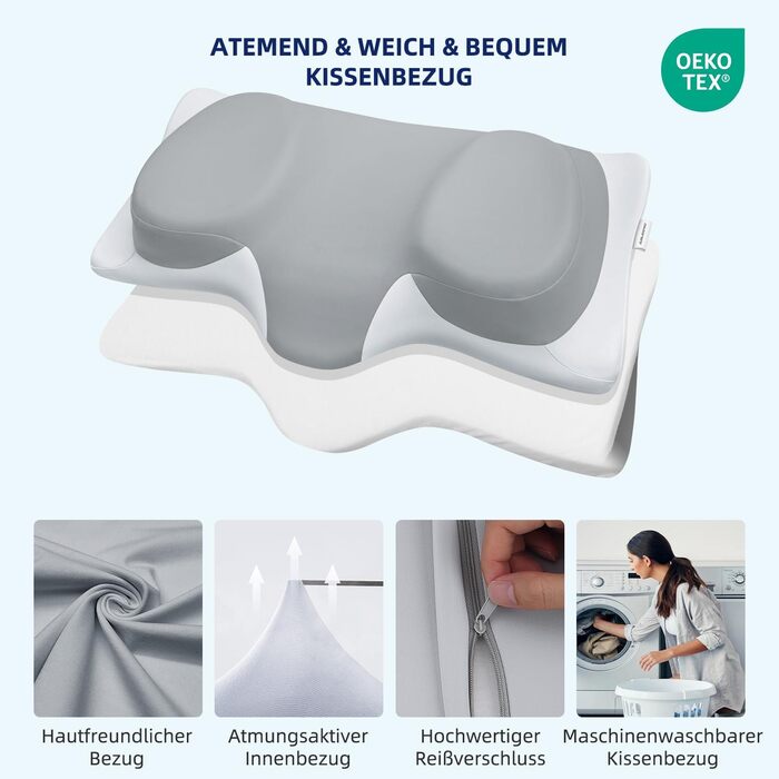Ортопедична подушка ABLEGRID з піни з ефектом пам&39яті, ергономічна подушка для підтримки шиї з охолодженням для сну на боці, спині та животі, сіра