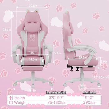 Ігрове крісло bigzzia з функцією масажу та підставкою для ніг ергономічне ігрове крісло для дівчат та дорослих, ігрове крісло з опорою для голови та попереку та котячими вушками (рожево-біле)