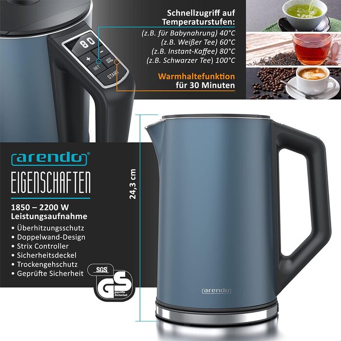 Чайник з тостером SET Нержавіюча сталь синій, чайник 1,5 л, 40 - 100C Тостер з функцією збереження тепла 4 скибочки LED-дисплей 6 ступенів підрум'янювання Насадка для рулону